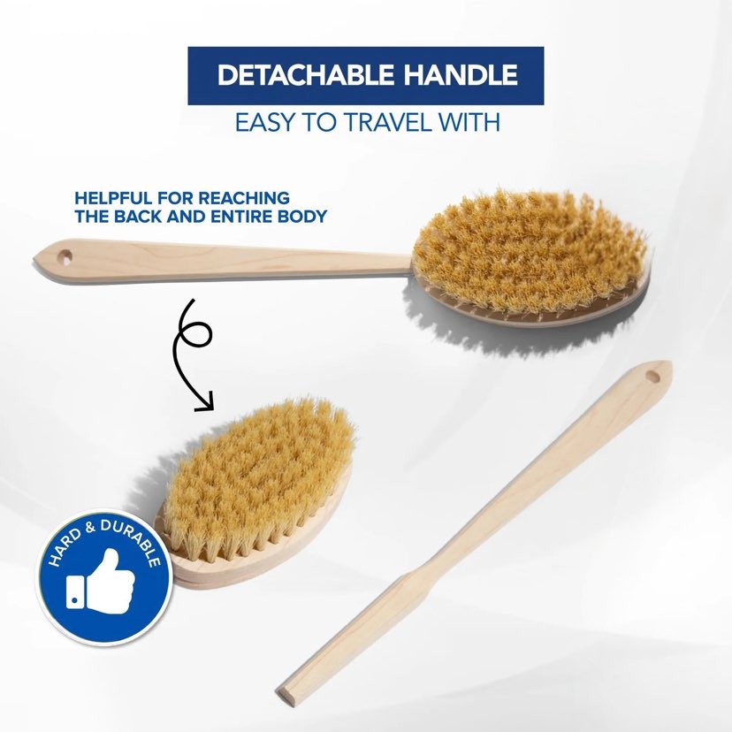 Naturopathic natural Tampico fiber body brush with detachable long wooden handle for dry brushing and exfoliation