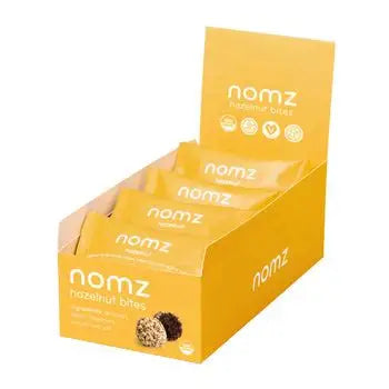 NOMZ Organic Hazelnut Bites in yellow package