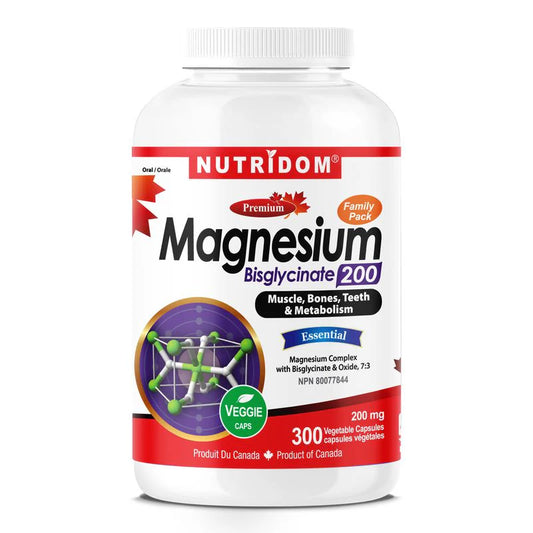 Nutridom Magnesium Bisglycinate 200 supplement bottle on a white background