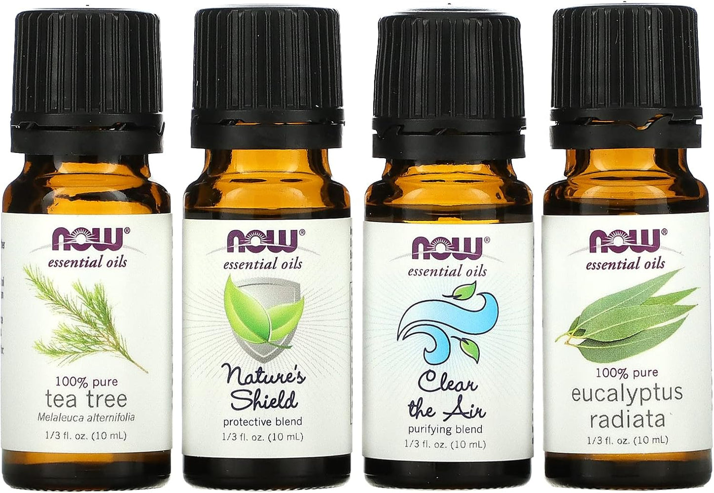 NOW Solutions Seasonal Changes Essential Oils Kit with Tea Tree, Nature’s Shield, Clear the Air, and Eucalyptus Radiata bottles