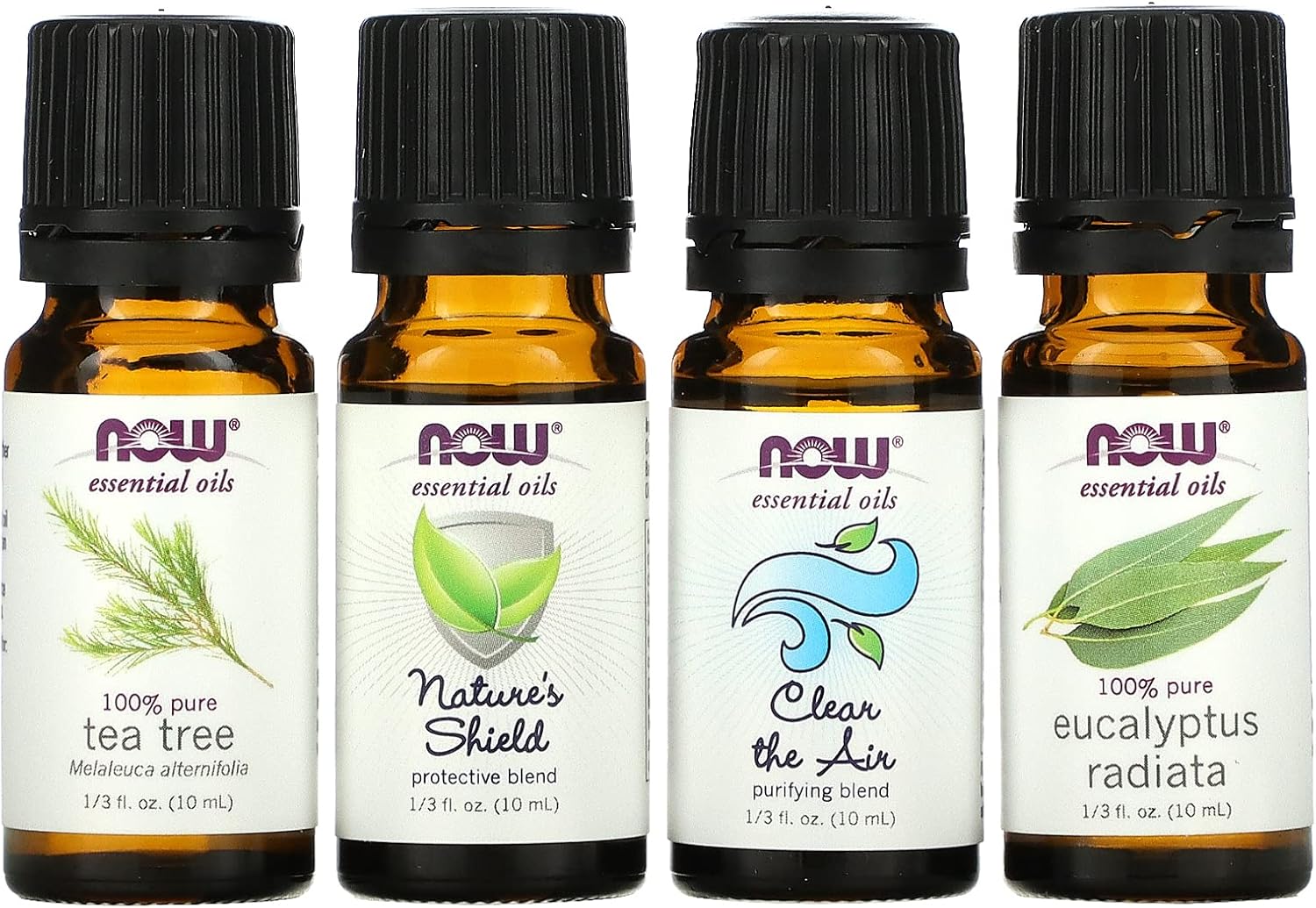 NOW Solutions Seasonal Changes Essential Oils Kit with Tea Tree, Nature’s Shield, Clear the Air, and Eucalyptus Radiata bottles