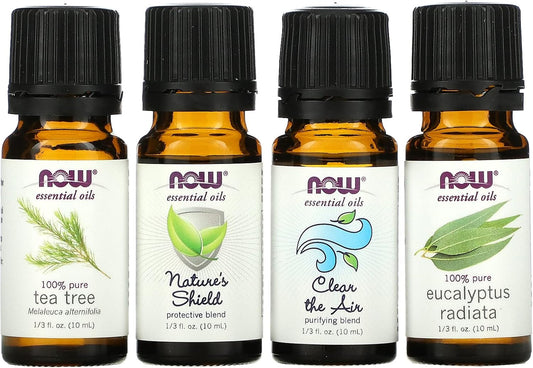NOW Solutions Seasonal Changes Essential Oils Kit with Tea Tree, Nature’s Shield, Clear the Air, and Eucalyptus Radiata bottles