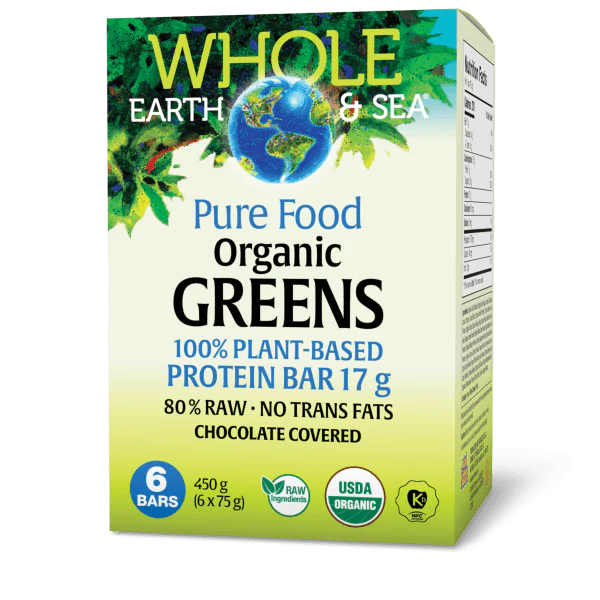 Whole Earth & Sea Organic Greens chocolate covered plant-based protein bars with 17 grams of protein