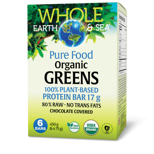 Whole Earth & Sea Organic Greens chocolate covered plant-based protein bars with 17 grams of protein