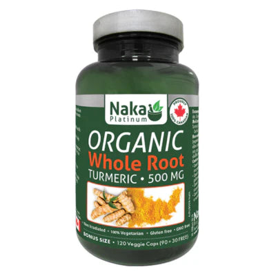 Naka Organic Whole Root Turmeric 500mg 120 vegetable capsules bottle for inflammation and joint health support