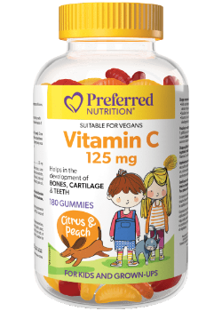 Preferred Nutrition Vitamin C Gummies 125 mg – Citrus and Peach Flavored Bottle with 180 Vegan Gummies for Kids and Adults