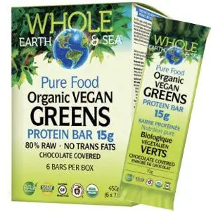 Whole Earth and Sea organic greens protein bars chocolate covered 17 g plant based protein 6 bar box