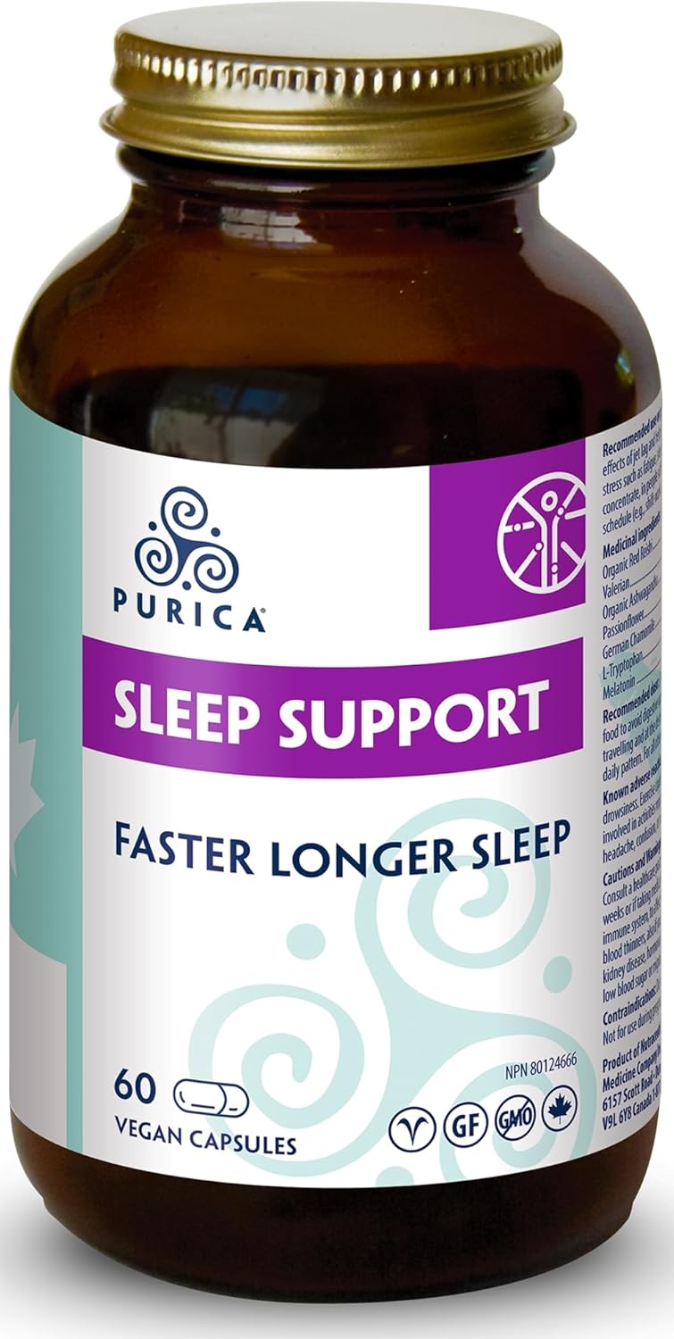 Purica Sleep Support 60 vegan capsules bottle for natural deeper sleep and relaxation