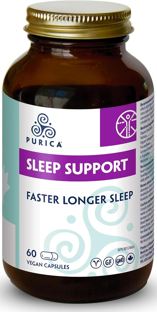Purica Sleep Support 60 vegan capsules bottle for natural deeper sleep and relaxation