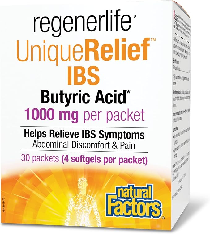 Natural Factors Regenerlife UniqueRelief IBS with 1000 mg butyric acid per packet, 30 packets containing four softgels each.