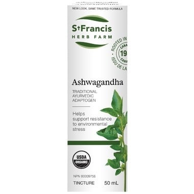 St Francis Ashwagandha 50 ml adaptogenic herbal tincture in amber glass bottle for stress and energy support