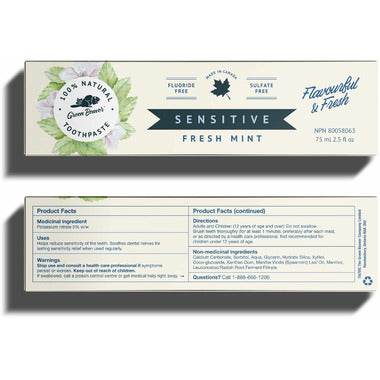 Green Beaver Sensitive Fresh Mint natural fluoride free toothpaste for sensitive teeth 75 mL