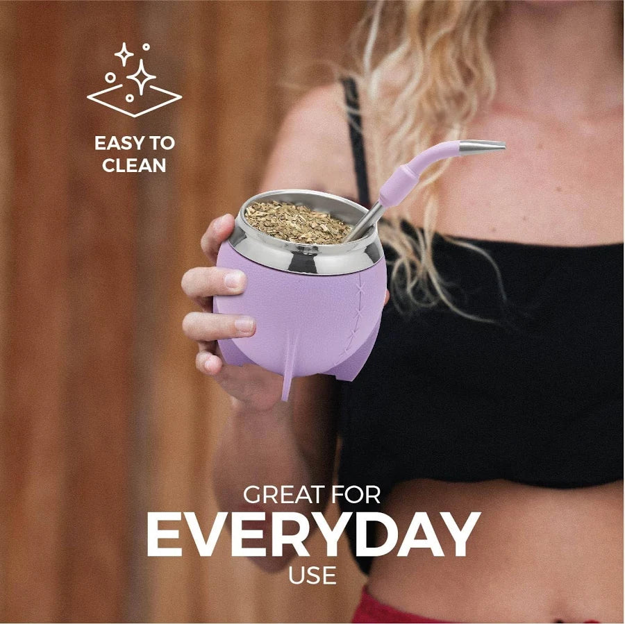 Lilac Mate Pampa yerba mate cup with stainless steel bombilla