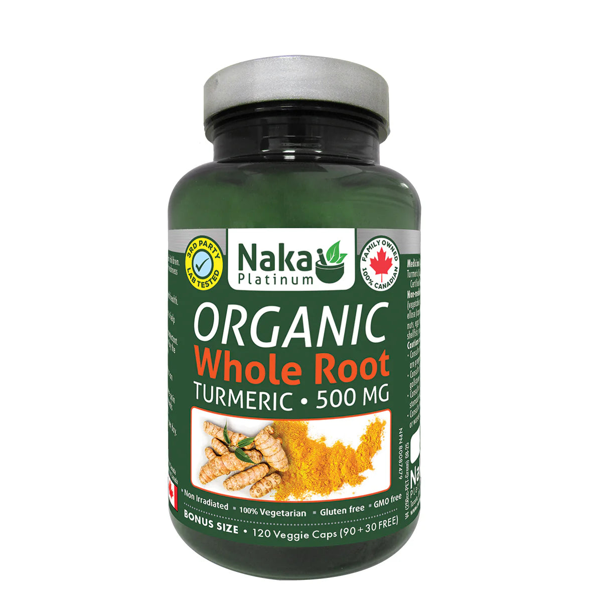 Naka Platinum Organic Whole Root Turmeric 500mg bonus size bottle with 120 veggie capsules