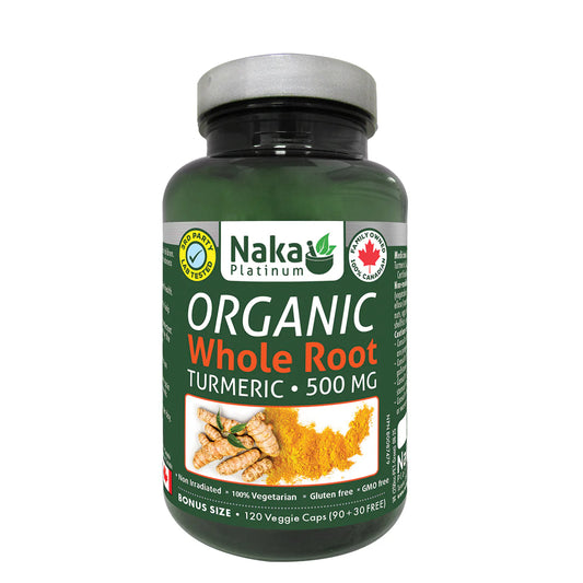 Naka Platinum Organic Whole Root Turmeric 500mg bonus size bottle with 120 veggie capsules