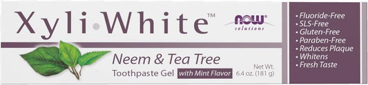 NOW Solutions XyliWhite neem and tea tree fluoride free toothpaste gel mint flavor 181 g