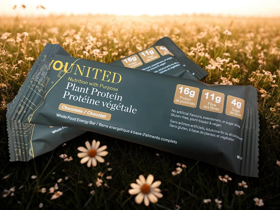 Younited plant protein chocolate energy bar with 16 g protein and 11 g fiber